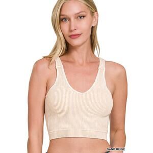 ROSLYN SAND BEIGE WASHED RIBBED CROPPED SEAMLESS BRA PADDED TANK TOP